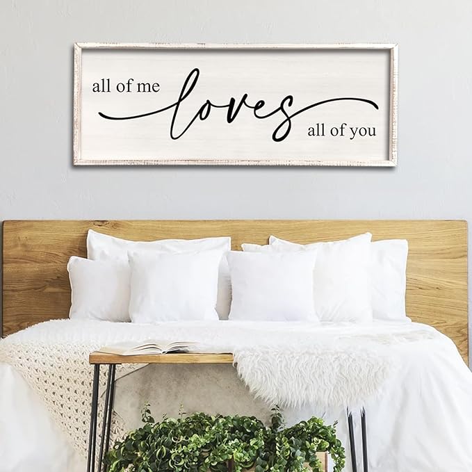 All Of Me Loves All Of You Wall Decor 40''×15'' Large Vintage Framed Wooden Plaque Modern Master Bedroom Above Over Bed sign Farmhouse Plaque Art Home Love Quotes Wall Hanging Decor (White)