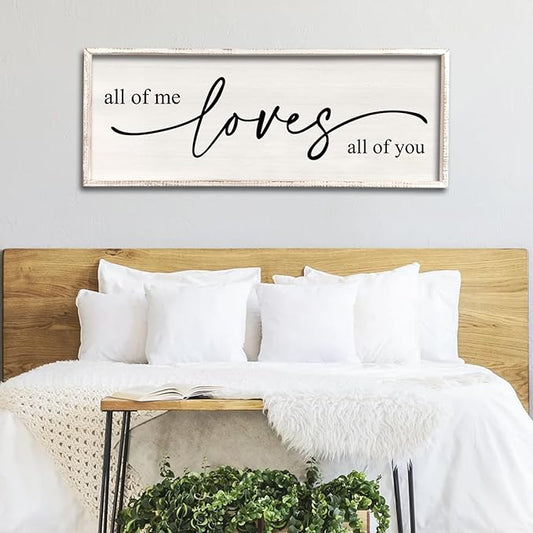 All Of Me Loves All Of You Wall Decor 40''×15'' Large Vintage Framed Wooden Plaque Modern Master Bedroom Above Over Bed sign Farmhouse Plaque Art Home Love Quotes Wall Hanging Decor (White)