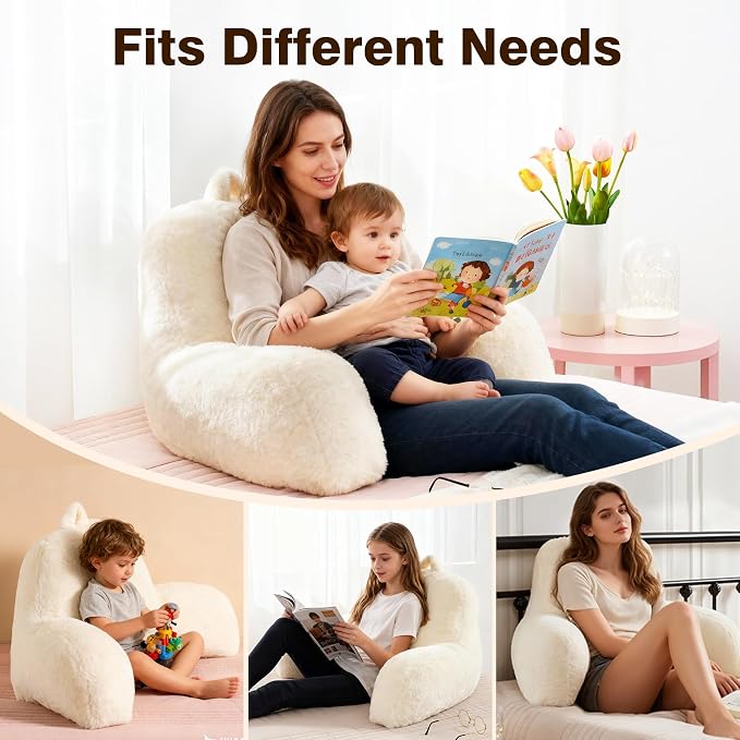 Faux Fur Reading Pillow for Bed/Couch/Floor/Dorm, Great Cozy Back Pillow for Bed Sitting Up, Fluffy Fur Bed Pillow for Sitting Up for Adults/Teens/Kids, Upgrade Back Support Pillow, Ivory