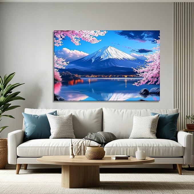 Japanese Wall Art Asian Landscape Canvas Prints Mount Fuji Picture Pink Cherry Blossom Trees Painting Nature Posters for Bathroom Living Room Wall Decor Framed - 16.00x24.00 inch