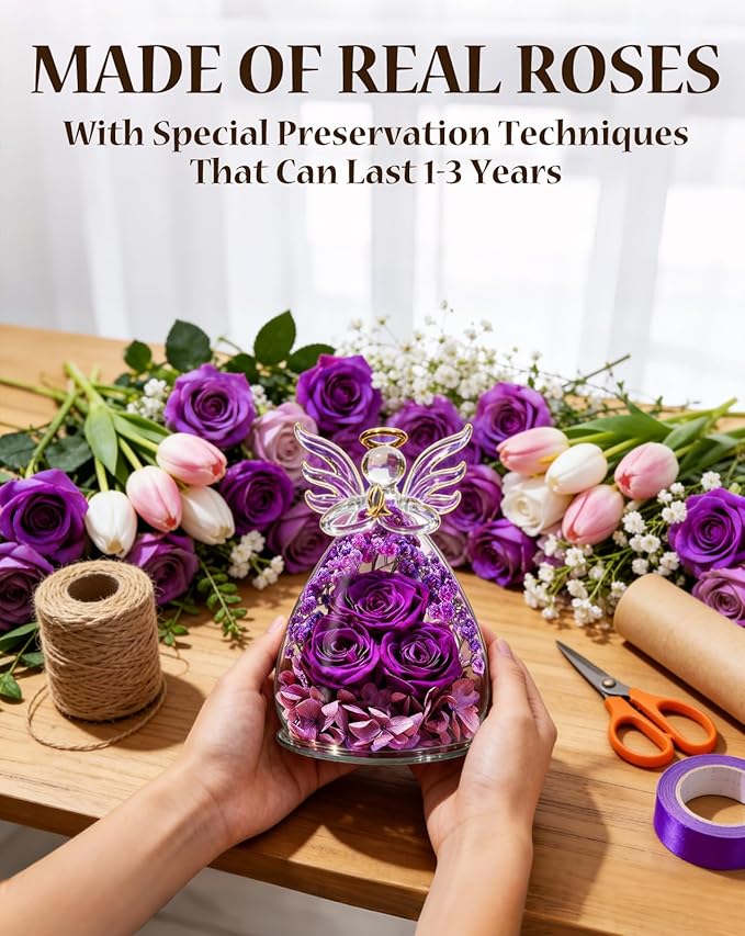homeasy Roses Gifts for Women Birthday, Preserved Flowers Rose in Glass Angel Figurines, Forever Fresh Flowers for Delivery Gift Box for Wife Mom Her Grandma from Daughter