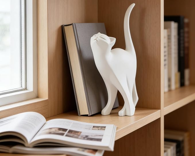 White Cat Statue Modern Abstract, Home Office Shelf Decor, 7-Inch Vibrant Assorted Colors, Easy to Match Any Decor Style