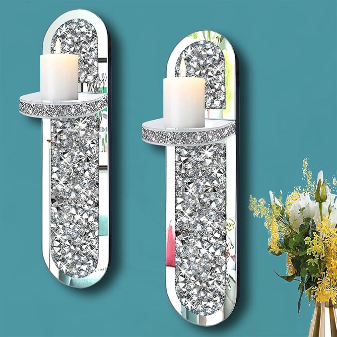 ZOLAPI Set of 2 Crystal Crush Diamond Candle Sconces, Gorgeous Silver Mirrored Wall Sconce,Oval Candle Holder Glass Wall Decorations for Home Décor, Living Room, Dining Room.