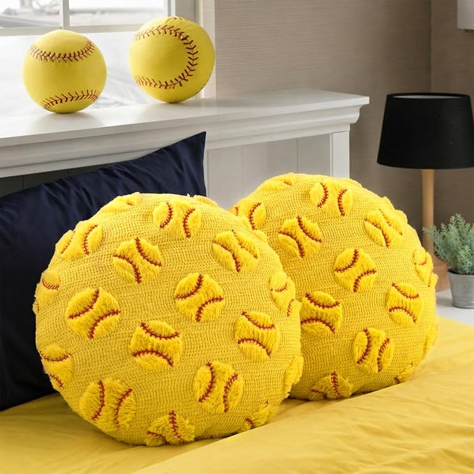Gerrii 4 Pcs Sports Throw Pillows Basketball Softball Football Soccer Volleyball Tennis Pillow Fluffy Stuffed Plush Cushion Gift for Senior Night Home Bedroom Decor Birthday Present(Jacquard Softball)