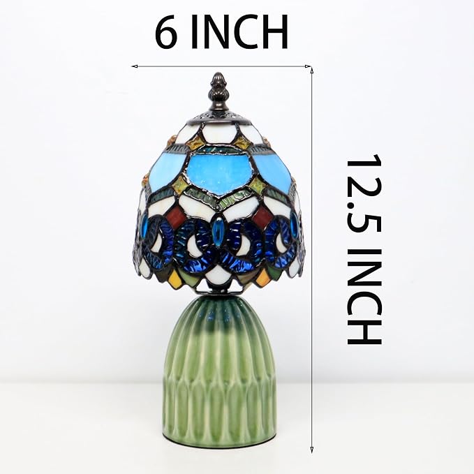 Tiffany Stained Glass Mushroom Table Lamp 12.5 Inch -Blue Jewelry | Tiffany Lamp,6X6X12.5 Inch,Small Night Light,Ceramic Base, Mini Accent Light Suitable,Bedside,Bedroom, Children Room,Antique
