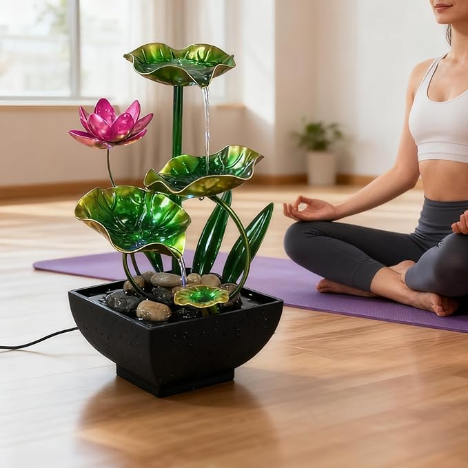AOZITA Tabletop Fountain, Indoor Waterfall Fountain, Tall Home Décor Zen Relaxation Soothing Sound Machine for Office, Living Room, or Bedroom, Green Metal Lotus with Flower, River Rocks, LED