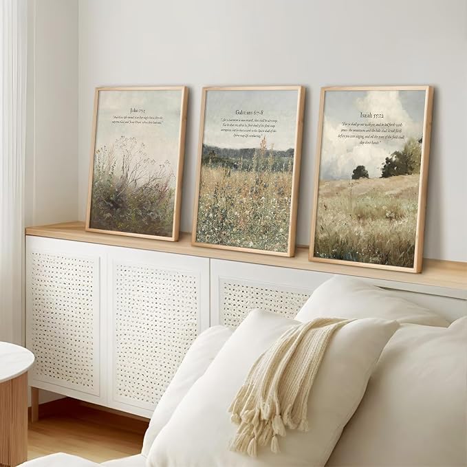 Christian Wall Art Bible Verse Canvas Poster Wildflower Wall Decor Scripture Wall Art Landscape Painting Vintage Field Prints Farmhouse Picture for Bedroom Bathroom 12x16 Inch Unframed Set of 3