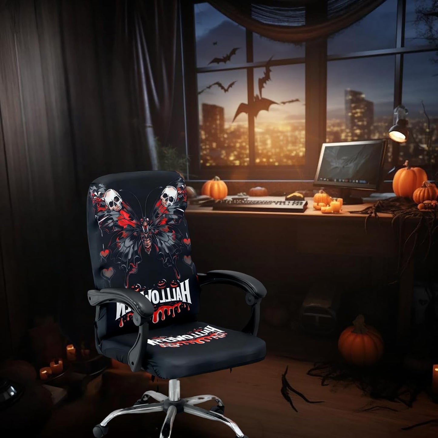 Halloween Office Chair CoversHorror Bloody Handprints Footprints on White Horror Theme Print Stretchable Slipcover for Modern Simplism Style High Back Boss Chair(No Chair) (Halloween08, M)…