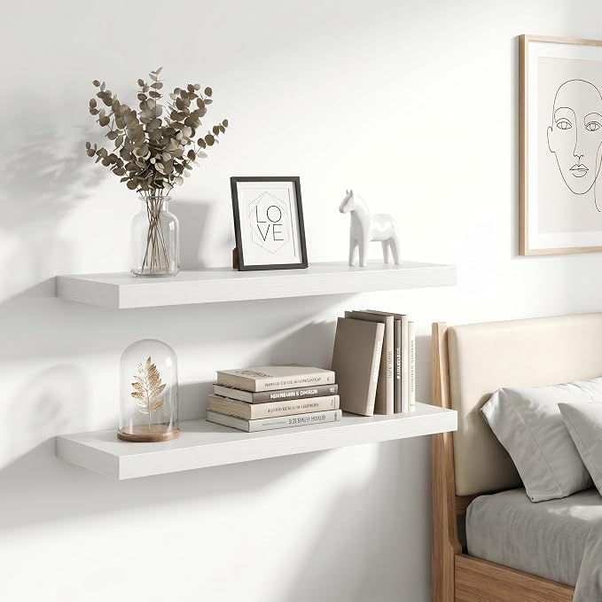 Vivelove 30 Inch Floating Shelves Wall Mounted for Display, 6.5 Deep Duty Shelves with Invisible Brackets for Living Room,Bedroom,Kitchen, Bathroom Storage & Decor,30" Wx6.5 Dx1.4 H - White