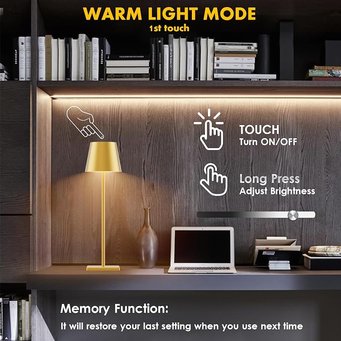 2-Pack LED Cordless Table Lamp with RGB & Stepless Dimming, 5000mAh Rechargeable Desk Lamps Battery Operated Table Light Stepless Dimmable Portable Table Lamp for Table/Bedroom/Outdoor (Gold)