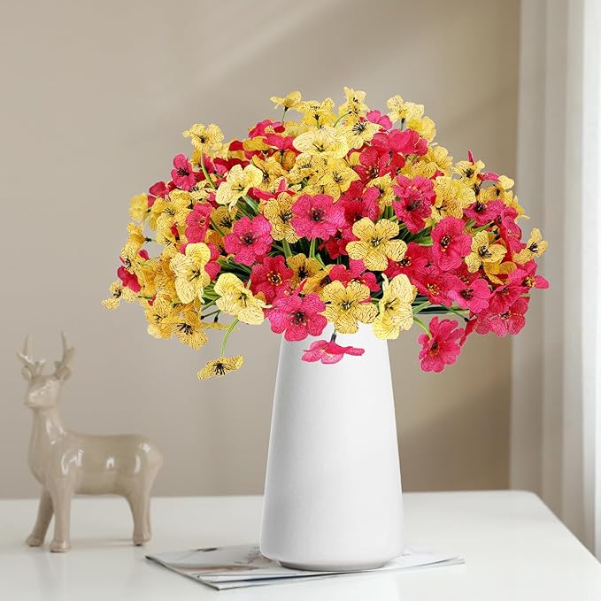 Geegoods Artificial Mums Flowers for Outdoors, 16 Bundles UV Resistant Fake Plastic Rose and Yellow Flowers for Patio Porch Spring Summer Decor