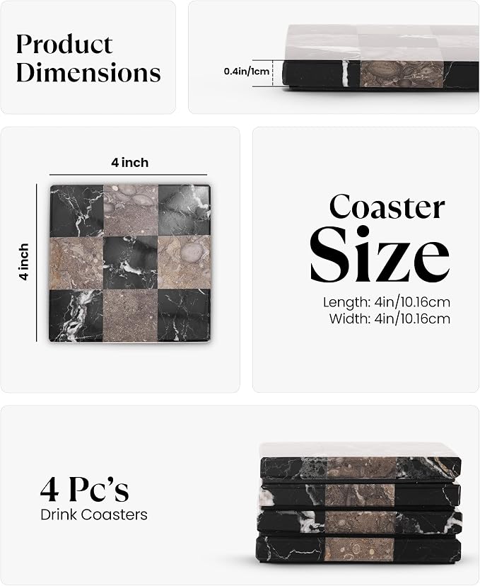 Marble Coasters Set of 4, Zebra Black & Oceanic Handmade 4 inch Stone Coaster, Square Drink Checkered Coasters for Coffee Table, Stylish Bar Accessories & Modern Home Décor