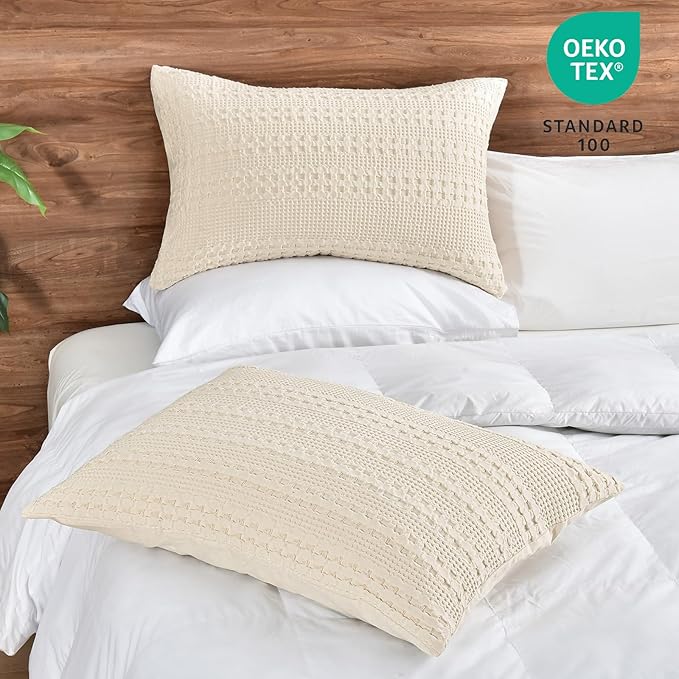 PHF Waffle Weave Pillow Shams Queen Size, 2 Pack 100% Cotton Pillowcases 20" x 30", No Insert, Soft & Breathable Aesthetic Woven Pillow Case Covers for Bedroom Decor, Natural