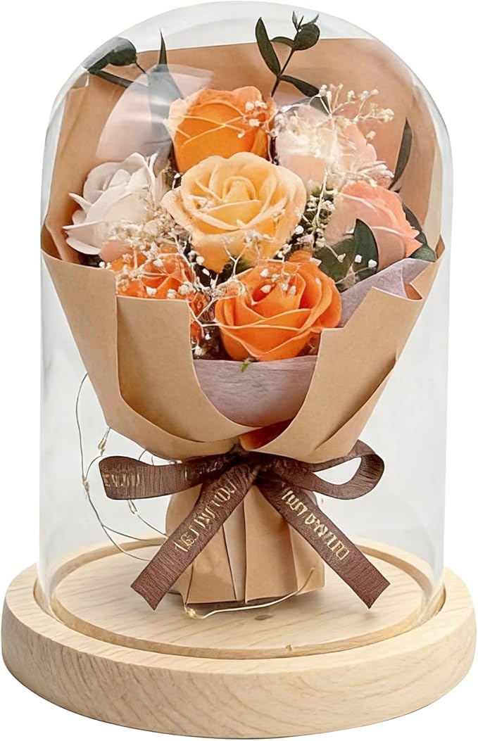 BORNA Preserved Flower in Glass Dome, Champagne Forever Eternal Rose Gift for Mother's Day, Birthday, Valentine's Day, for Mom Wife Daughter Girlfriend