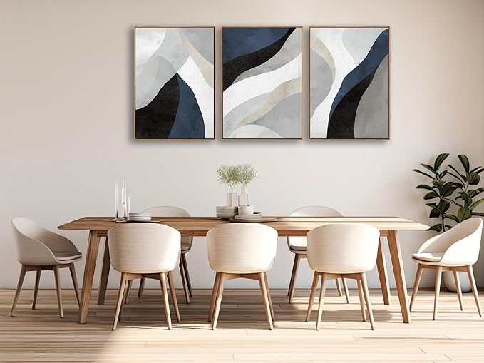 Large Abstract Framed Wall Art - Canvas Wall Art Pictures Prints for Living Room Decor Natural Float Framed Artwork for Bedroom Kitchen Home Office Decoration 60" X 28" Set of 3 Blue Grey