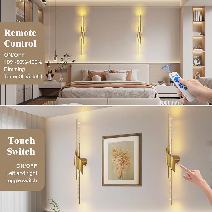 camuucci Battery Operated Wall Sconces Set of Two,Modern Wireless Wall Lights,LED Rechargeable 20000mAh Not Hardwired Remote Control Dimmable Wall Lamp Fixtures for Bedroom Gold 33 Inches