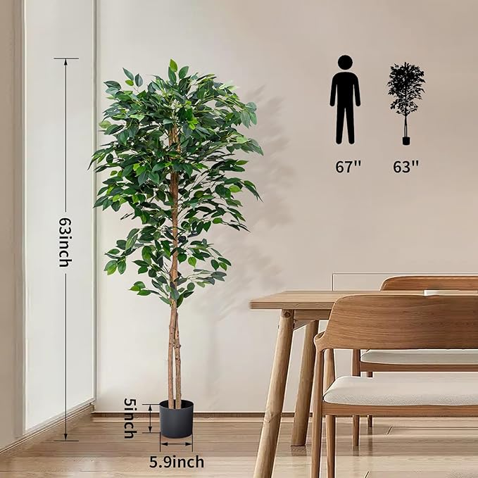 HAIHONG 2Packs 5FT Artificial Ficus Trees with Realistic Leaves and Natural Trunk, Faux Ficus Tree with Sturdy Plastic Nursery Pot, Fake Ficus Tree for Office Home Farmhouse for Indoor Outdoor Decor