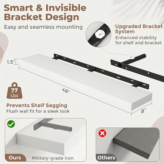 48 Inch Floating Shelves for Wall, 8"D Wood Storage Shelves, White Finish | Engineered Wood, Invisible Bracket, Large Storage, Easy Install, Hold Up to 77lbs, Living Room, Bathroom, Bedroom, Kitchen