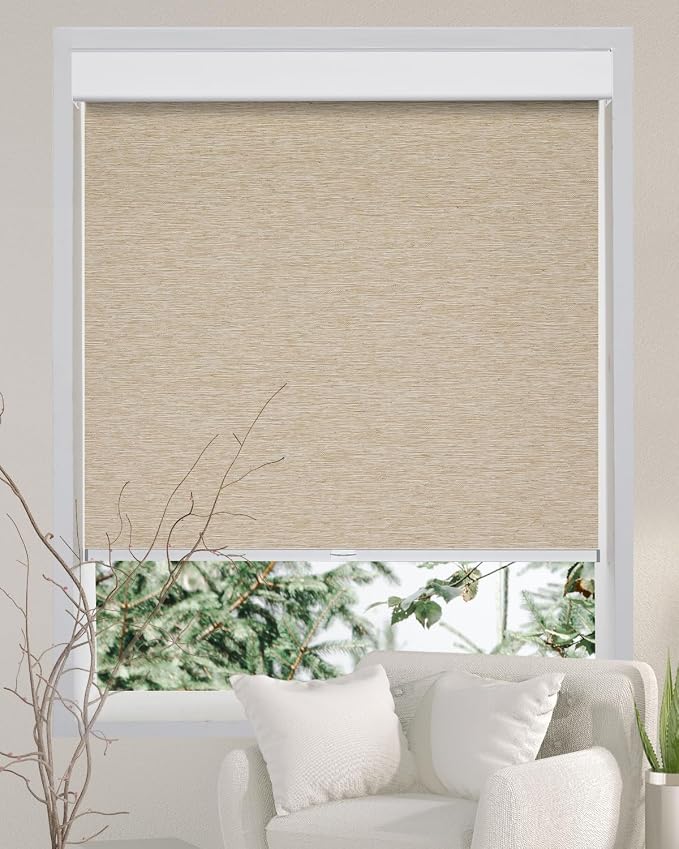 Persilux Free-Stop Cordless 100% Blackout Roller Blinds for Windows, Natural Woven Fabric UV Protection Privacy Thermal Insulated Roller Shades for Windows, Bedroom, Glass Door, Khaki 34.5" W x 64" H