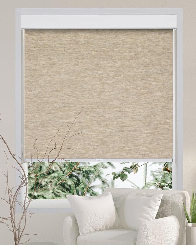 Persilux Free-Stop Cordless 100% Blackout Roller Blinds for Indoor Windows, Natural Woven Fabric UV Protection Privacy Thermal Insulated Roller Shades for Windows, Home, Office, Khaki 26" W x 72" H