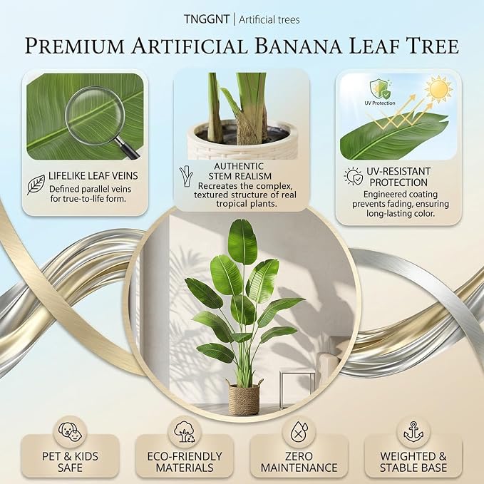 Artificial Bird of Paradise Plant: 6FT Faux Traveler's Palm Fake Banana Tree Elephant Ear Leaf Tall Silk Floor Plant in White Pot for Home Decor Indoor Office Entryway Balcony Patio Cafe Hotel