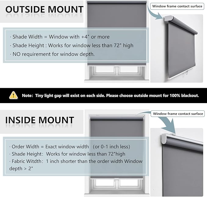 AOSKY Cordless Roller Shades Blackout Blinds for Windows Room Darkening Rolled Up Shades with Spring System, UV Protection Window Shades Door Blinds for Home and Office (25" W x 72" H, Grey)