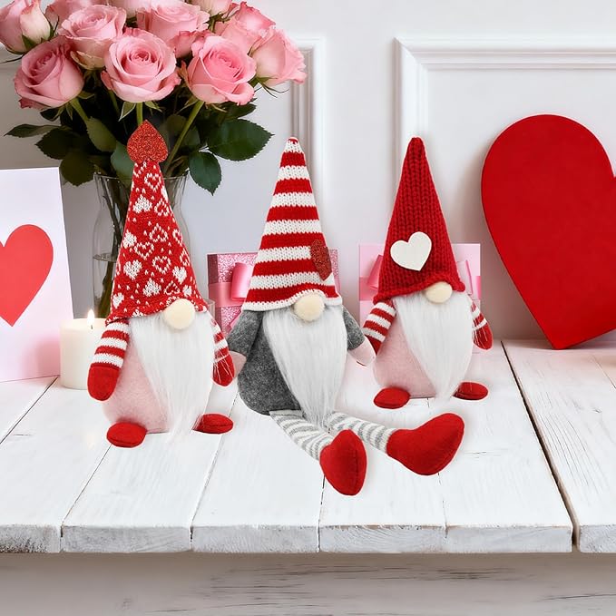 Valentines Day Decorations, 3Pcs Valentine Gnomes Plush with Hearts, Table Tired Tray Decor Indoor for Home Office, Romantic Gift for Her, Him