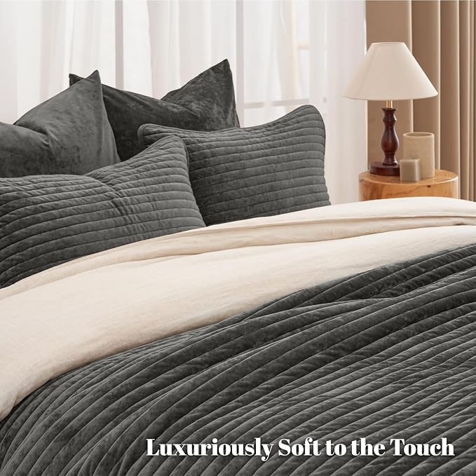 PHF Luxury Velvet Quilt Set Twin Size – 2PCS Ultra Soft Quilted Comforter Alternative with Striped Channel, Cozy Quilted Bedspread, 1 Coverlet with 1 Matching Sham, 68" x 92", Grey
