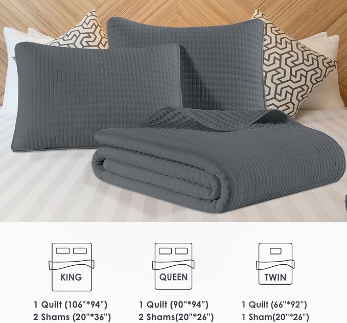 WRENSONGE King Size Quilt-3 Pieces Lightweight Bedspreads Grey King Quilt Bedding Set for All Seasons, Soft Summer Coverlet with 2 Pillow Shams Suitable for Bed, Couch, Quilt Blanket