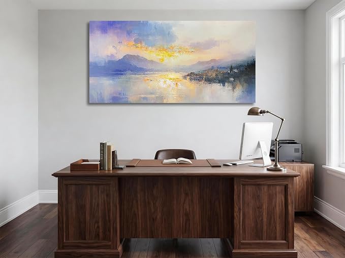 Ardemy Textured Sunset Landscape Canvas Wall Art Large 58"x29"- Serene Lake & Mountain Painting, Soft Purple Gold Toned Abstract Framed Artwork for Living Room Bedroom Home Office Wall Decor