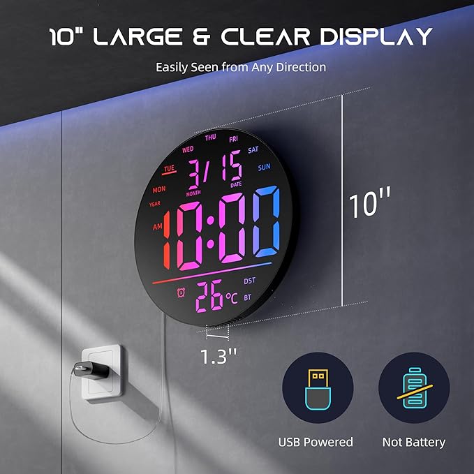 EASYERA 10" Large Digital Wall Clock with Remote Control, Music Sync RGB Atmosphere Light, Low-Reflectivity, Temperature, LED Display, Dual Alarms, BT Sync, Auto DST for Bedroom and Classroom