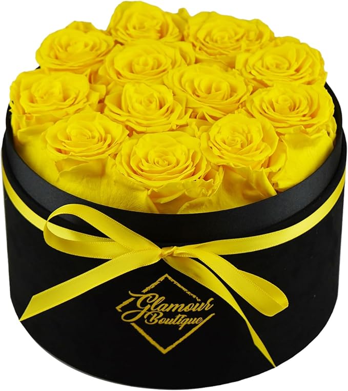 GLAMOUR BOUTIQUE Flowers Forever Gift Box, 12 Real Preserved Roses in Velvet Box, Floral Gift for Her, Mom or Wife for Birthday, Mother’s Day, Anniversary or Graduation, Yellow (Color-Treated)