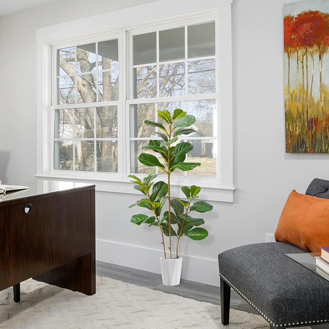 Warmplants Artificial Fiddle Leaf Fig Tree, 5ft Tall Fake Ficus Lyrata Tree with White Planter, Faux Fig Plant for Indoor Home Office Living Room Décor