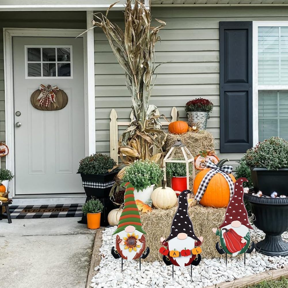 YEAHOME Fall Decorations for Home Outdoor, 3 Pack Gnomes Decorative Garden Stakes for Fall Decor, Autumn Metal Yard Signs for Outside Garden Lawn Porch Thanksgiving Decorations