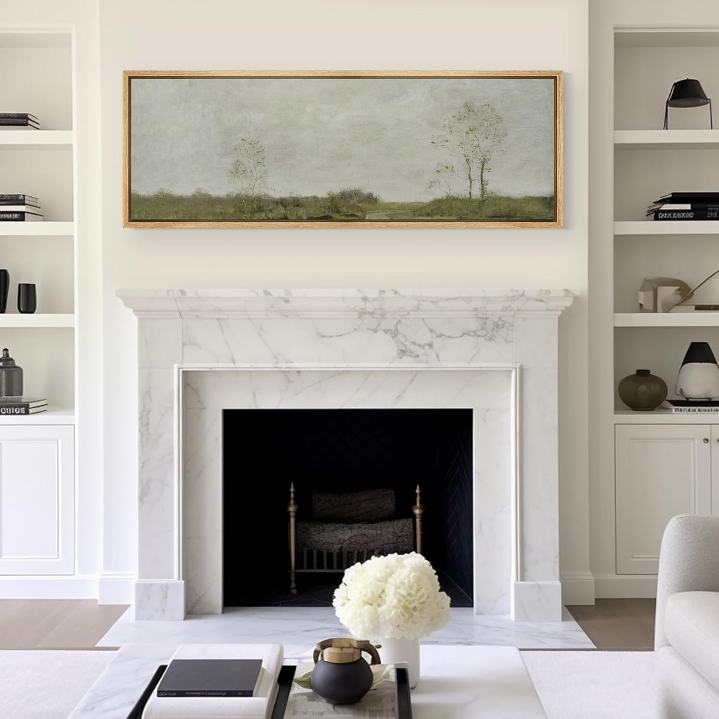 MUDECOR Large Framed Canvas Print Wall Art Soft Pastoral Landscape Wall Art with Trees Antique Retro Fine Art Illustrations Decorative Colorful for Bedroom - 60"x20"