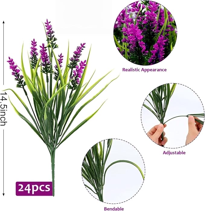 Geegoods Artificial Plants Flowers Outdoor – 24 Bundles UV Resistant Faux Lavender Flowers with Monkey Grass for Garden Porch Window Patio Hanging Planter Decor