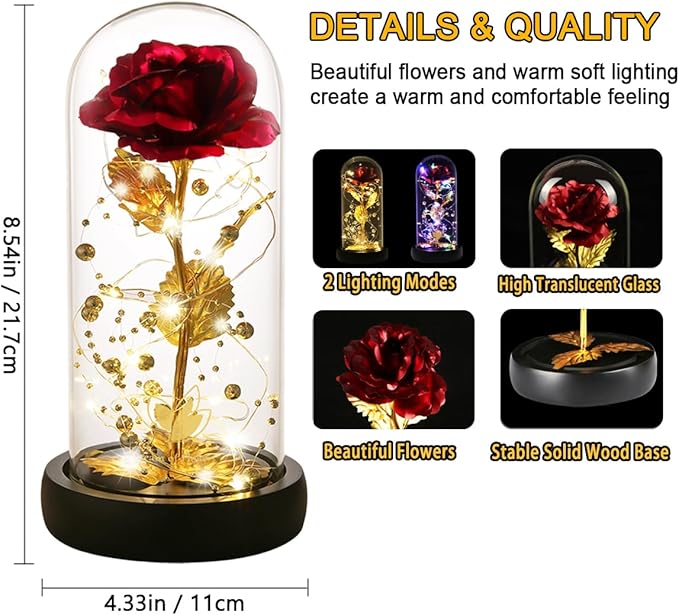 Mothers Day Rose Gifts for Mom, Birthday Gifts for Women, Flower Galaxy Glass Rose with 2 Light Modes Forever Eternal Colorful Gold Foil Rose in Glass Dome,Anniversary Valentines Women Gifts