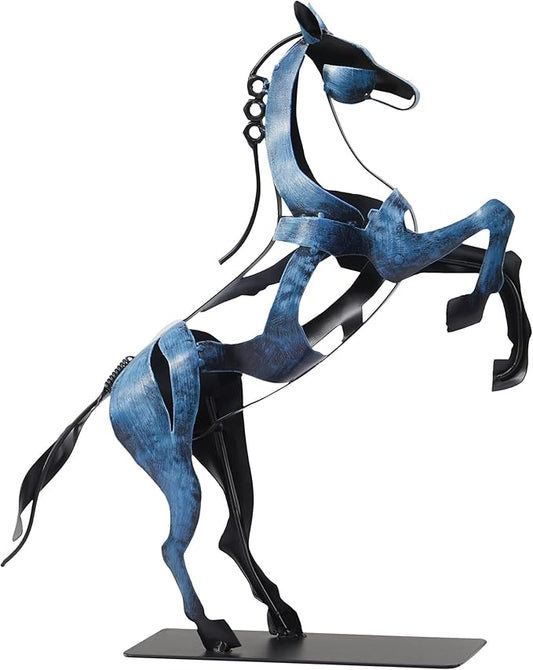 SunBlogs Art Metal Horse Statue Décor, Handmade & Hand-Painted Modern Western Horse Decoration, Rustic Iron Sculpture Gifts for Home Office for Horse Lovers (Blue)