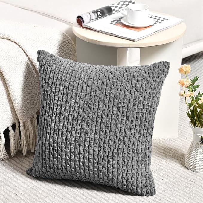 Fancy Homi 2 Packs Dark Gray Decorative Throw Pillow Covers 20x20 Inch for Couch Bed Sofa, Modern Farmhouse Boho Home Decor, Soft Cute Plush Grey Corduroy Striped Cushion Case 50x50 CM