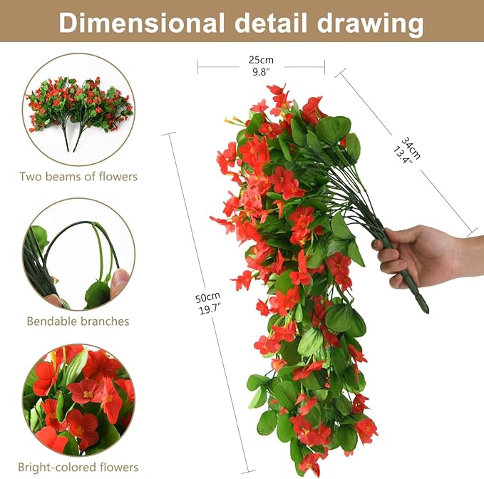 ZFProcess 2PCS Artificial Hanging Flowers, Fake Hanging Plants Violet Vines UV Resistant for Wall Home Room Garden Wedding Indoor Outdoor Spring Summer Decoration(Red)