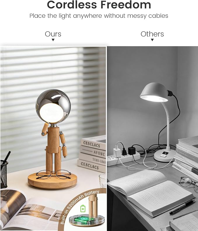 Rechargeable Cordless Desk Lamp, Creative Wooden Table Lamp with 3 Color &Stepless Dimming, Adjustable Pause Moon Lamp, Unique Decorative Desk Lamp for Bedroom, Nightstand, Office & Gift, Beech Wood