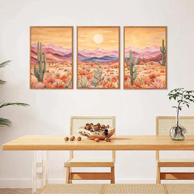 HOURIA 3Pcs Abstract Sunset Mountain Desert Cactus Canvas Wall Art (16"x24"), Vintage Southwest Landscape Arizona Wall Decor, Mid Century Modern Boho Wilderness Art Print for Office Farmhouse Living Room