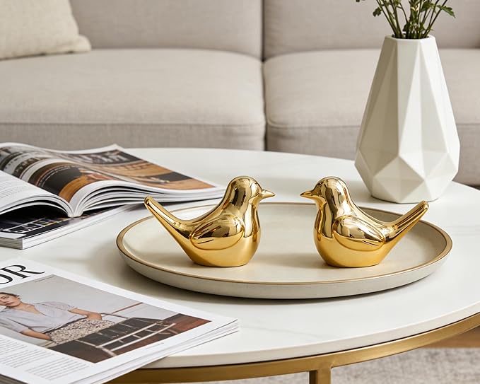 Small Gold Bird Statue Ceramic 2-Piece Set, 3¾ inch Cute Knick Knack for Home Office Shelf Desk Decor