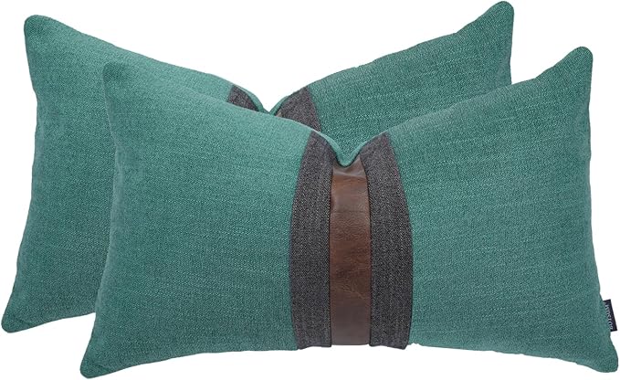 BOYSUM Set of 2 Leather Throw Pillow Covers Lumbar Cotton Linen Decor Patchwork Pillow Cover Faux Leather Pillows Cover for Couch Sofa Living Room Bedroom,Grass Green 12"x20"