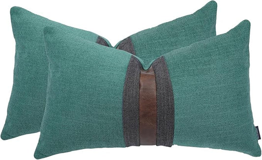 BOYSUM Set of 2 Leather Throw Pillow Covers Lumbar Cotton Linen Decor Patchwork Pillow Cover Faux Leather Pillows Cover for Couch Sofa Living Room Bedroom,Grass Green 12"x20"