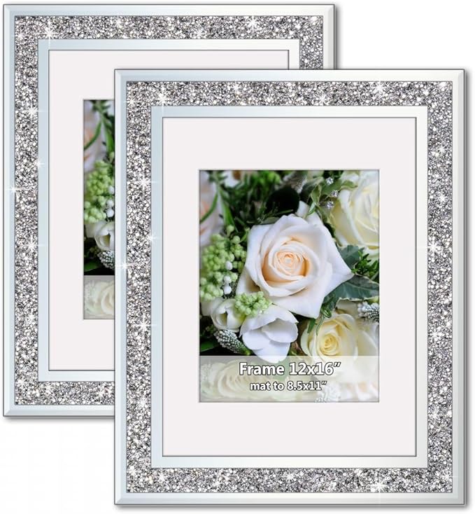 ALLartonly Mirror Photo Frame 12x16inch Mat To 8.5x11” 2 Pack, Crushed Diamond Bling Boarder, Crystal Glass Front , Wedding Picture Poster Frame, Diploma Frames Wall Certificate Document Frame.