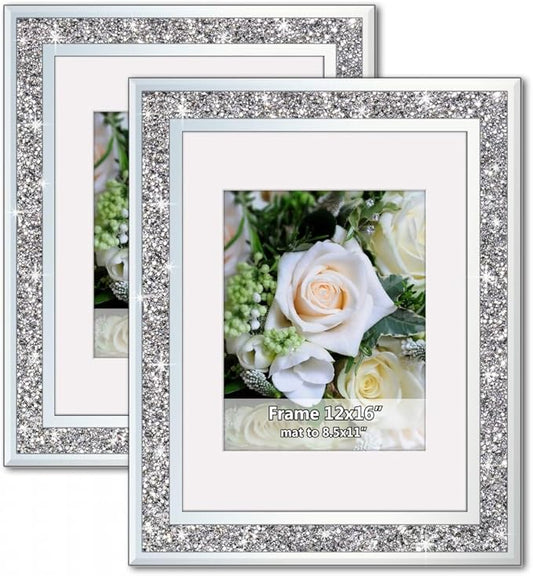 ALLartonly Mirror Photo Frame 12x16inch Mat To 8.5x11” 2 Pack, Crushed Diamond Bling Boarder, Crystal Glass Front , Wedding Picture Poster Frame, Diploma Frames Wall Certificate Document Frame.