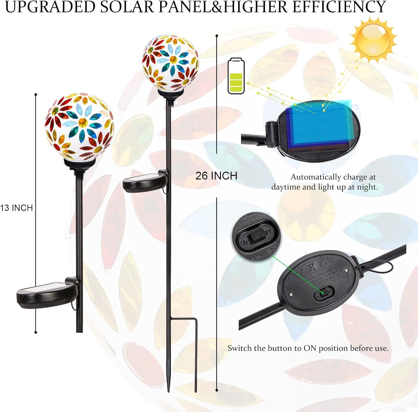 VCUTEKA Solar Garden Lights, Mosaic Solar Lights Outdoor Decor Pathway Light Waterpoof LED Stake Light for Landscape Lawn Patio Yard Decoration, 1 Pack