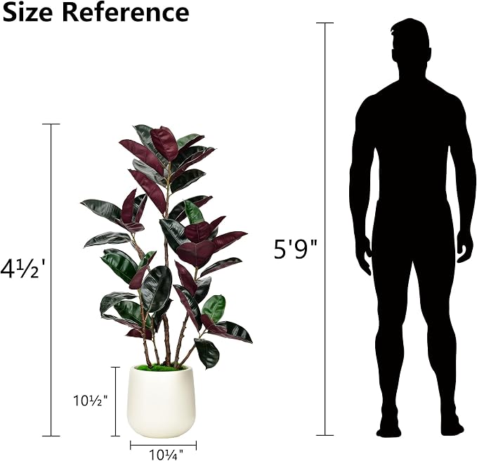 4.5FT Artificial Rubber Tree - 54.5 Inch Tall Fake Plant Indoor Faux Tree with Bendable Branches & Realistic Leaves, Faux Floor Plant for Home Office Decor in White Pot