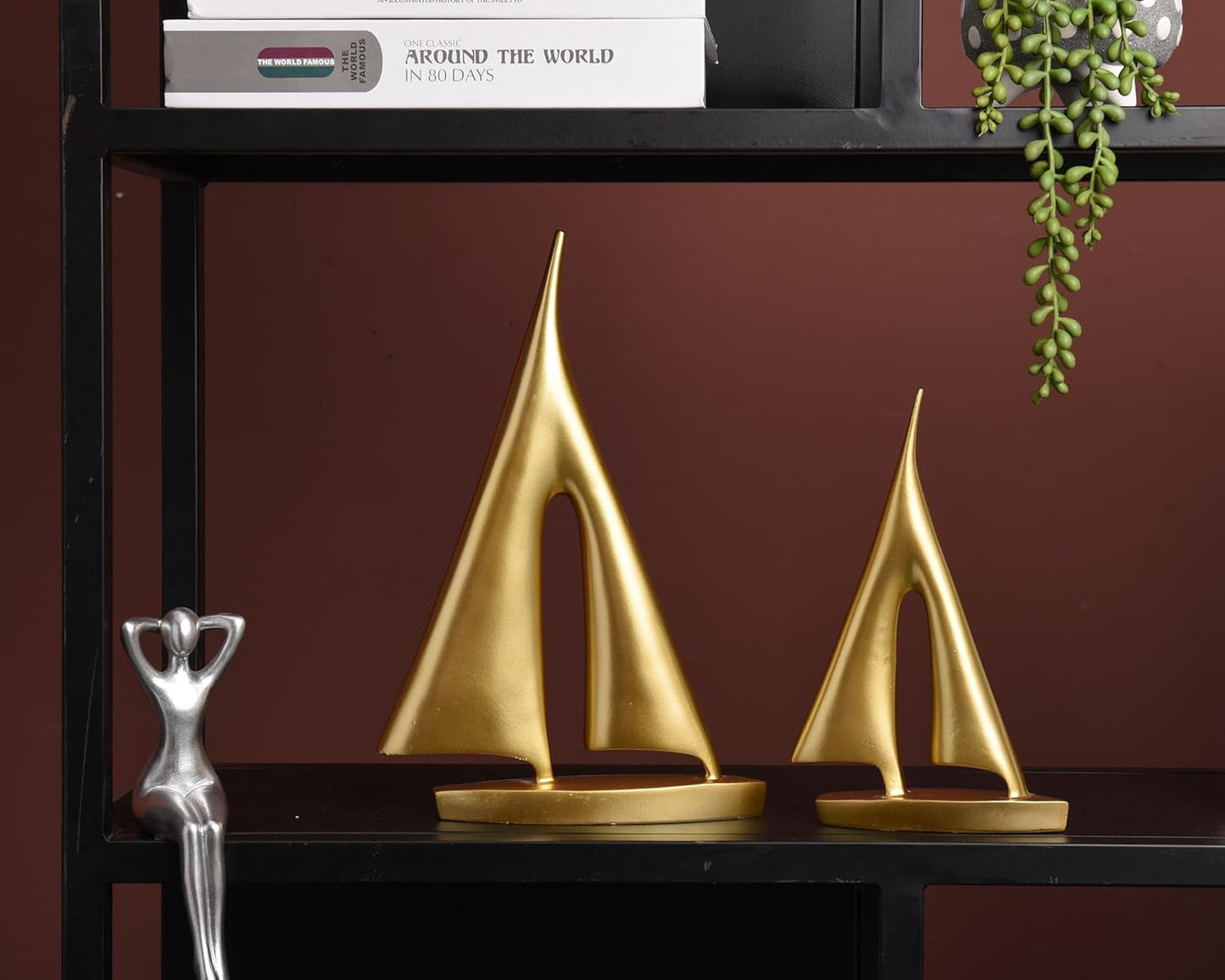 Modern Sculptures Home Decor, Gold Sailboat Decor Ornament, Boat Decorations Statue Decor, Art Sculptures and Statues, Sailboat Gifts Home Office Bathroom Shelf Decor Nautical Decor (2 Pack)